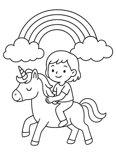 Bobbie riding a unicorn under a rainbow with clouds, simple and bold outlines for easy coloring