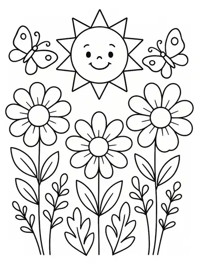 Easy coloring page of a garden with flowers, sun, and butterflies for preschool kids.