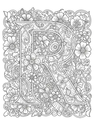 Letter R surrounded by an intricate labyrinth of vines, leaves, and flowers for a hard teen coloring page.