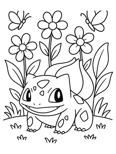 Bulbasaur in a garden with big flowers and leaves, simple outlines for young kids