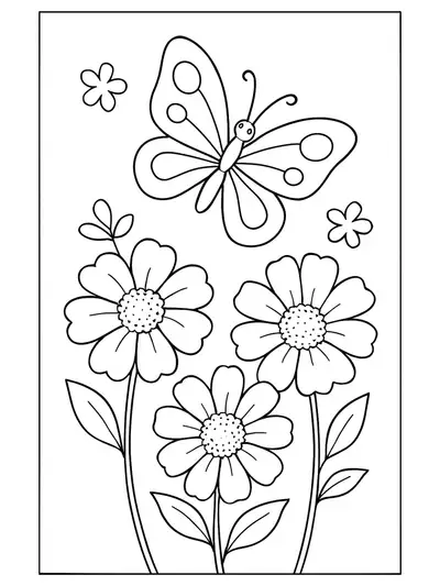 Easy butterfly coloring page featuring a butterfly and large spring flowers, designed for elementary kids.