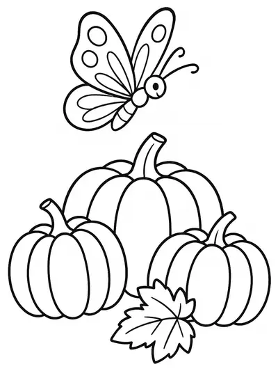 Simple butterfly flying above big pumpkins, easy fall coloring page for preschool