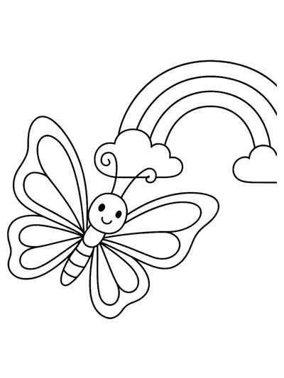 Simple coloring page of a butterfly flying next to a rainbow, with big shapes and bold outlines, easy for preschoolers.