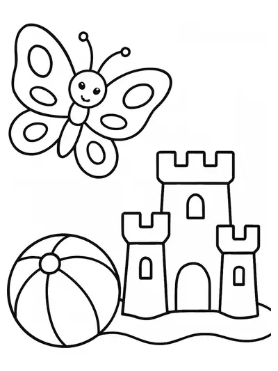 Easy coloring page showing a butterfly next to a beach ball and sandcastle, simple summer theme