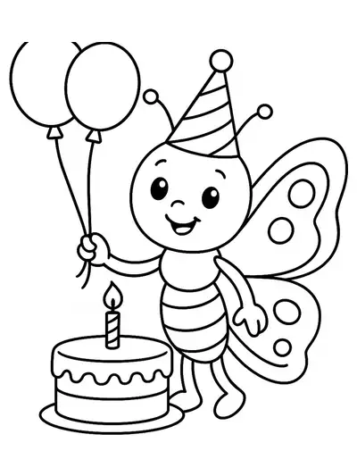 Simple butterfly coloring page with a butterfly wearing a party hat surrounded by balloons and a birthday cake.