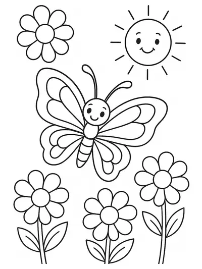 Simple coloring page of a butterfly with big wings flying among large flowers under a smiling sun, designed for preschoolers.
