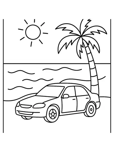 Easy car coloring page featuring a car parked on the beach with sun and palm tree.