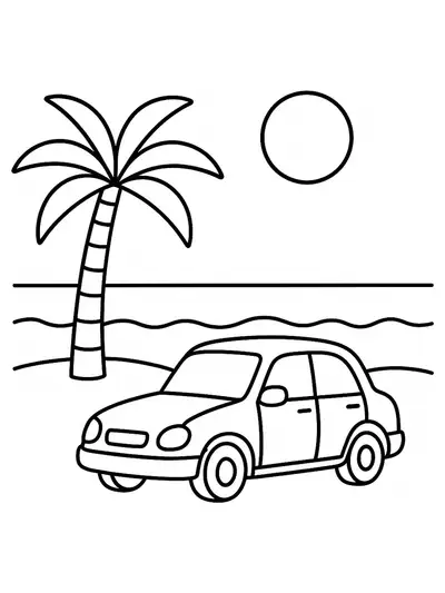 Cartoon car at the beach with a palm tree and sun, designed for easy preschool coloring.