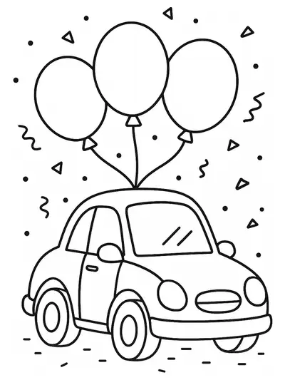 Easy car coloring page featuring a car with balloons for a birthday celebration.