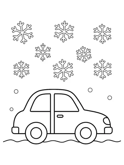 A cartoon car surrounded by large snowflakes and a simple snowy background.