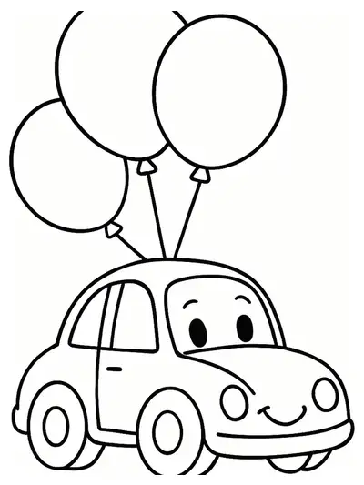 A simple car with large balloons attached, designed for preschool coloring fun.
