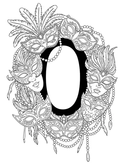 Letter O surrounded by intricate carnival masks with feathers, beads, and filigree, hard level for adult coloring