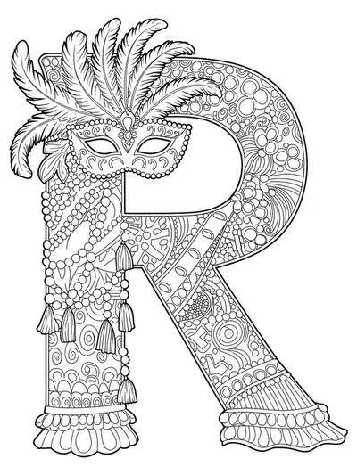 Letter R decorated with intricate masquerade masks, feathers, and beads for a hard coloring page.
