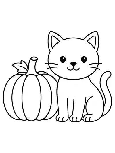 Simple coloring page of a cat sitting beside a pumpkin, easy lines for preschoolers