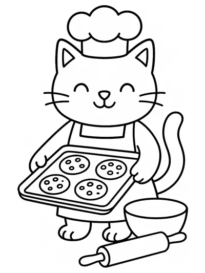 Cat in a chef hat baking cookies, simple outline for preschool coloring