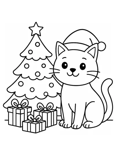 Cat with Santa hat near Christmas tree and gifts, easy coloring page for kids
