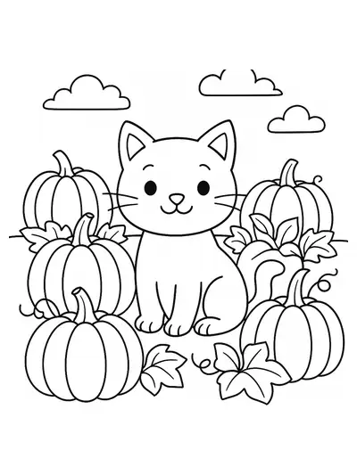 A simple outline drawing of a cat sitting among pumpkins in a patch, suitable for elementary children.