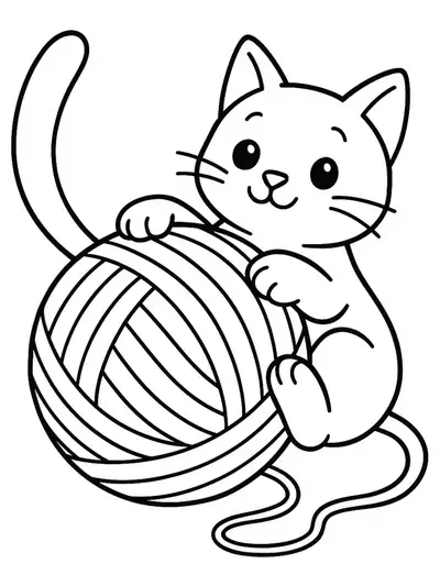 Simple line art of a cat playing with a large yarn ball, designed for preschool coloring.
