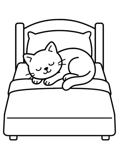 A coloring page featuring a cat sleeping on a bed with a pillow and blanket.