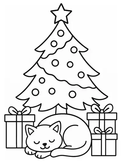 A simple coloring page showing a cat napping under a Christmas tree with presents nearby.