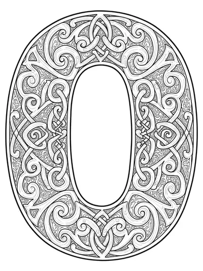 Letter O intricately woven with complex Celtic knotwork and spirals, adult hard coloring page