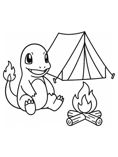 Easy coloring page of Charmander sitting by a tent and campfire.