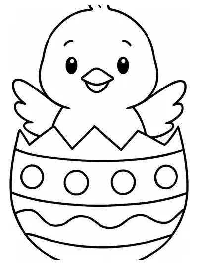 Coloring page of a simple chick hatching from a large cracked Easter egg.