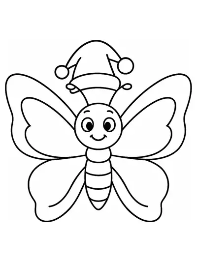 Easy coloring page of a butterfly wearing a Santa hat, with large wings and simple details, suitable for preschool children.