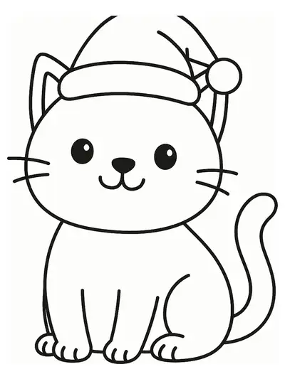 Line art of a cat wearing a Santa hat, simple and festive for young children.