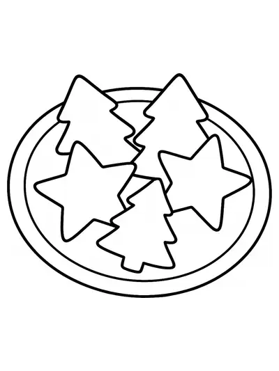 Coloring page with simple Christmas cookies shaped like stars and trees on a plate.