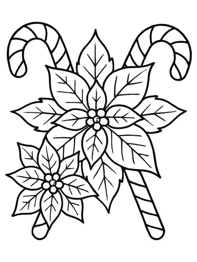Easy coloring page of Christmas poinsettia flowers and candy canes, designed for elementary kids.