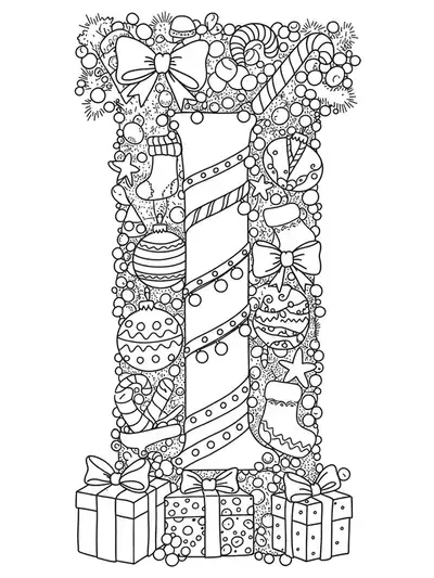 Black and white coloring page of letter I decorated with Christmas ornaments, garland, and candy canes for elementary kids.
