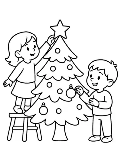 Easy coloring page of kids decorating a Christmas tree with ornaments and a star