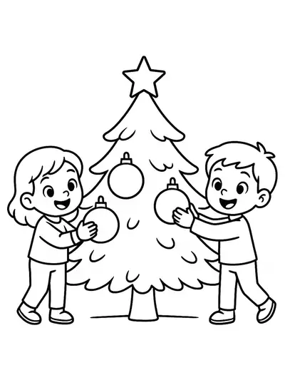 Easy coloring page of two kids decorating a Christmas tree.