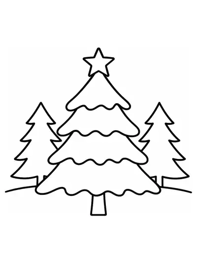 Simple Christmas tree with snow and pine trees in the background.