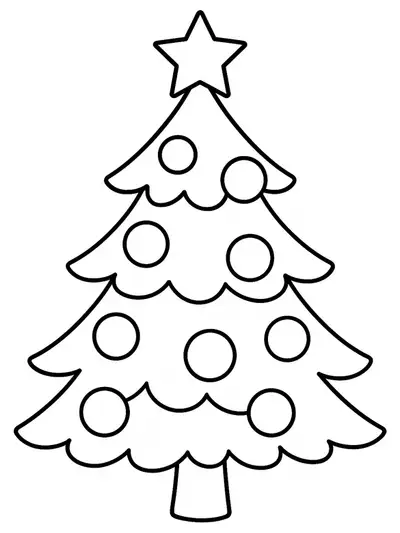Simple coloring page of a Christmas tree with large ornaments and a star, designed for preschoolers.