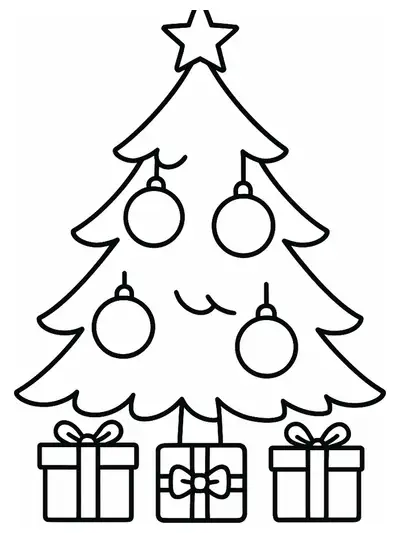 Easy Christmas tree with presents coloring page for preschool children.