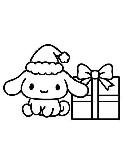 Cinnamoroll in a Santa hat beside a gift box, easy Christmas coloring page for kids.