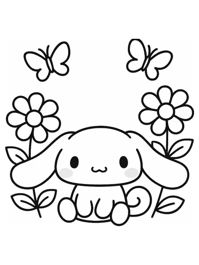 Cinnamoroll sitting among oversized flowers and butterflies in a simple spring garden scene.