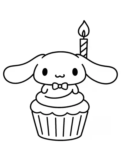 Cinnamoroll with a giant cupcake and candle, simple outlines for easy preschool coloring.