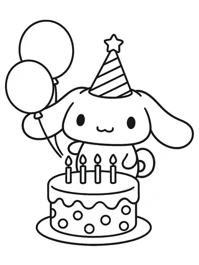 Cinnamoroll with a party hat, cake, and balloons in a simple birthday party scene.