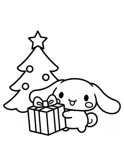 Simple line art of Cinnamoroll holding a present next to a Christmas tree with ornaments and a star.