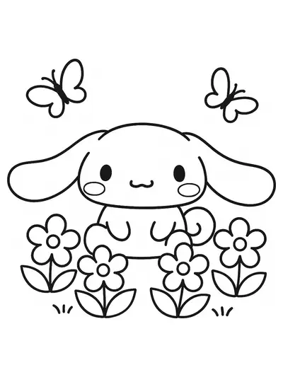 Cinnamoroll sitting in a garden with flowers and butterflies, easy spring coloring page.