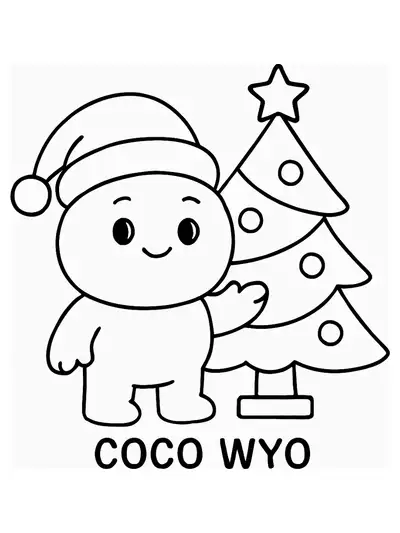 Simple line art of Coco Wyo wearing a Santa hat standing next to a Christmas tree, designed for preschoolers.