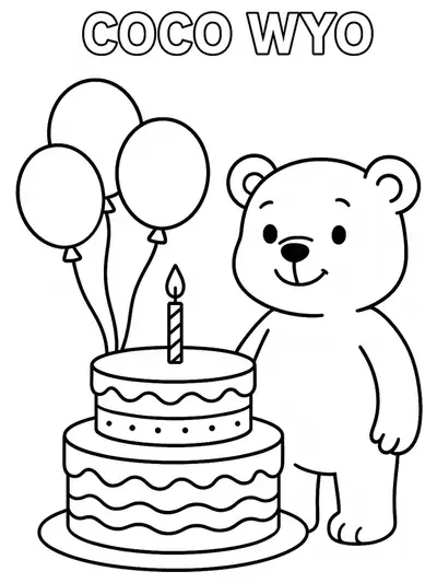 Coco Wyo next to a big birthday cake and balloons, outlined simply for easy preschool coloring.