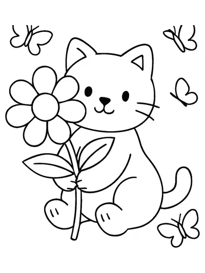 Large simple drawing of Coco Wyo holding a flower with butterflies flying around, for preschool coloring.