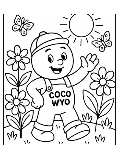 Simple spring garden scene with Coco Wyo, flowers, butterflies, and sun for coloring.