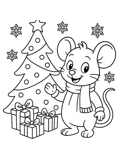 Coco Wyo in scarf by holiday tree, snowflakes, and presents, easy coloring page.