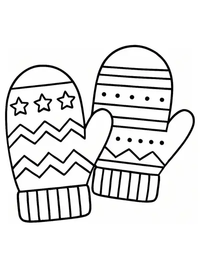 Simple line drawing of two large winter mittens with minimal patterns, side by side, no fingers visible.
