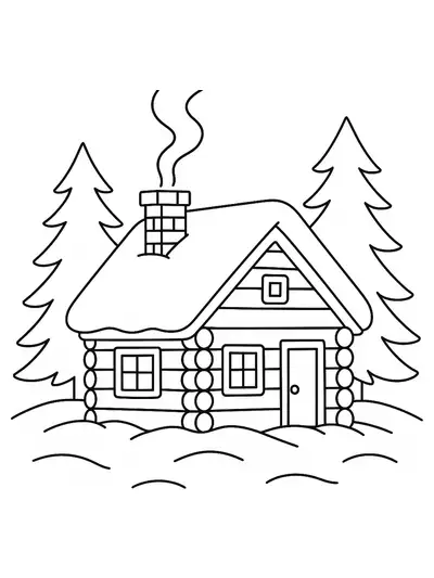 Simple line art of a log cabin in the snow with pine trees around it, suitable for elementary kids